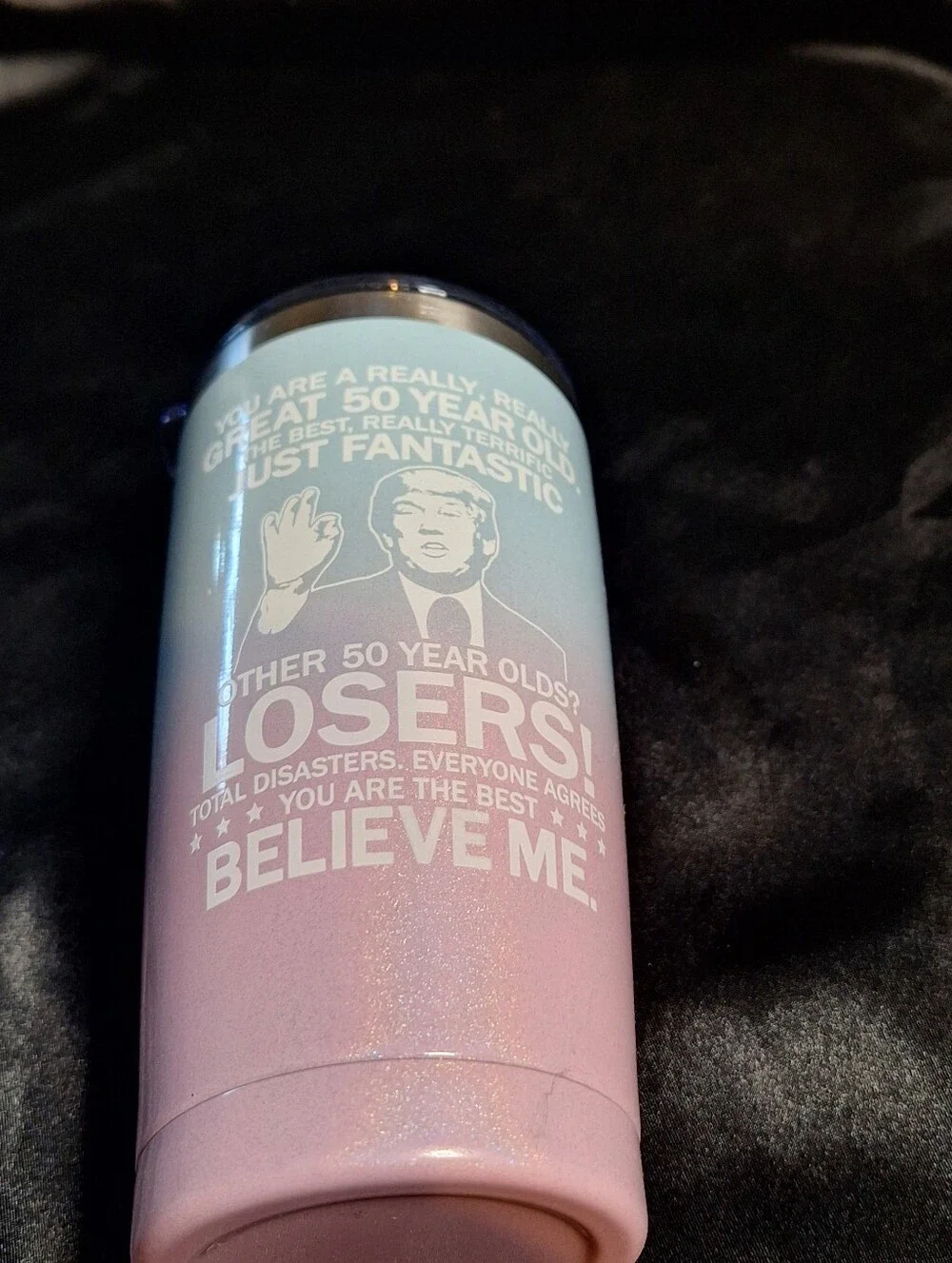 New Trump Sparkle Ombre 50th Birthday Travel Tumbler~Blue to Pink~Flag